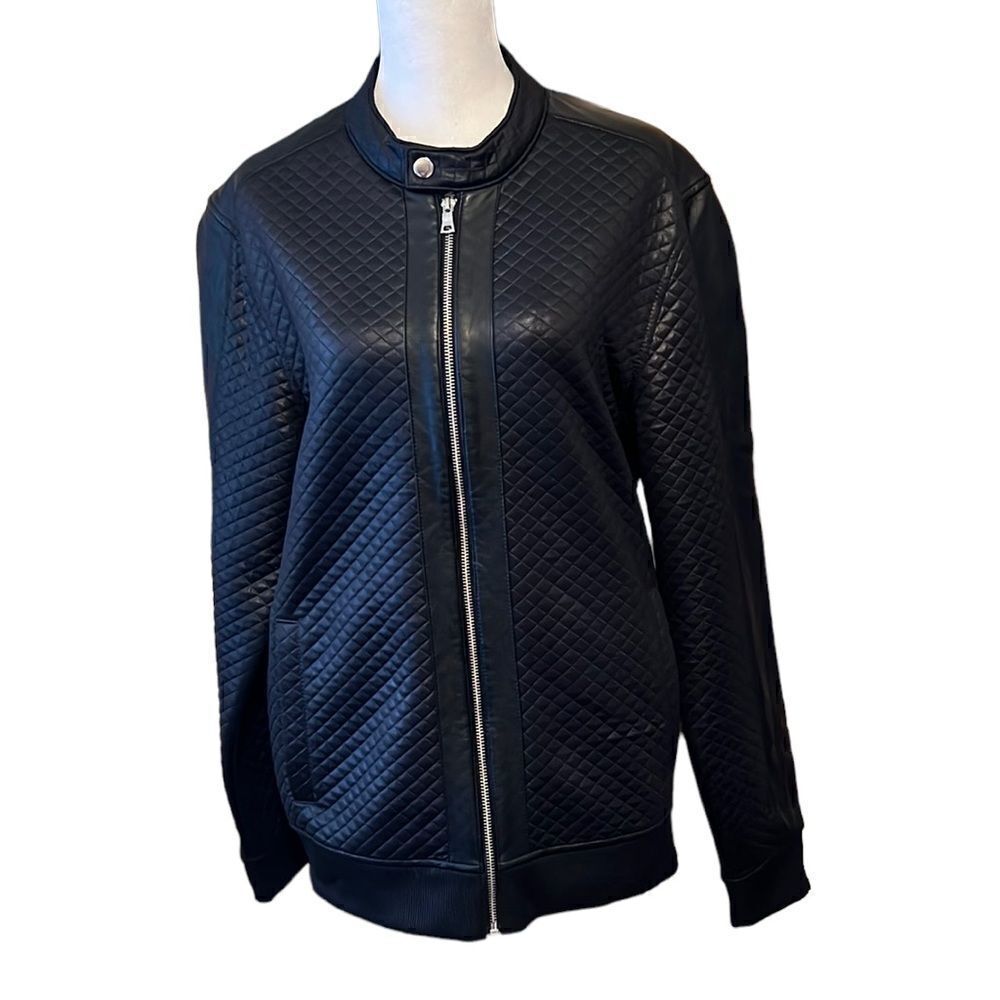 INC blk zip front fabric jacket w/faux leather accents on front neck sleeves GUC